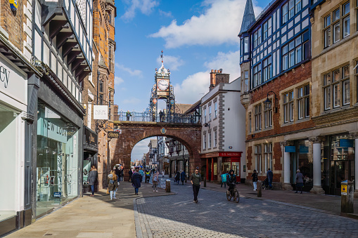 22.03.2023 Chester, Cheshire, UK. Eastgate, Chester is a permanently open gate through the Chester city walls, on the site of the original entrance to the Roman fortress of Deva Victrix in Chester,
