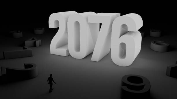 istock 3D illustration of number 2076 with a man walking towards it 2150523331