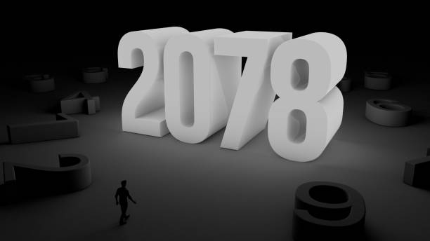 istock 3D illustration of number 2078 with a man walking towards it 2150523357