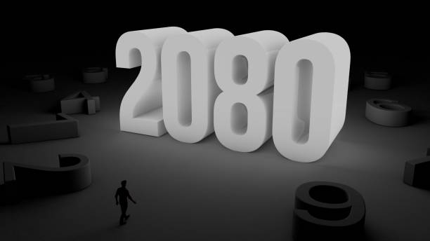 istock 3D illustration of number 2080 with a man walking towards it 2150523372