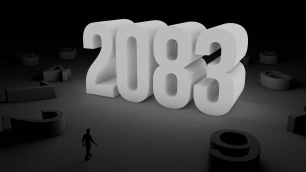 istock 3D illustration of number 2083 with a man walking towards it 2150523376