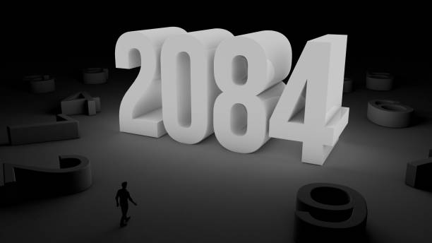 istock 3D illustration of number 2084 with a man walking towards it 2150523398