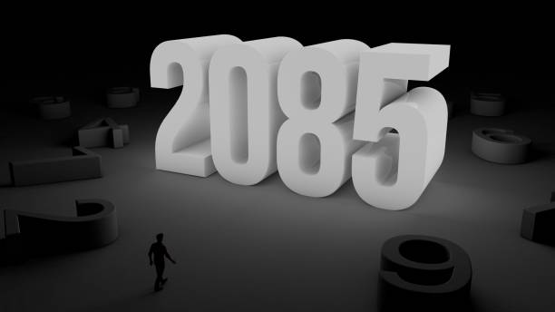 istock 3D illustration of number 2085 with a man walking towards it 2150523399