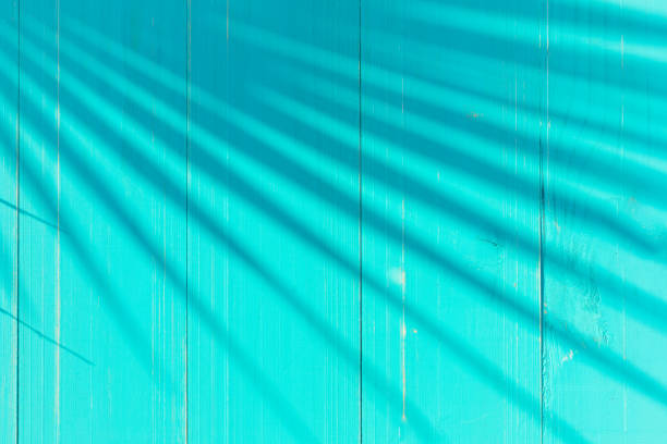 Wooden deck background turquoise blue tone with shadow of palm tree in summer day indicating summer vacation concept with copy space