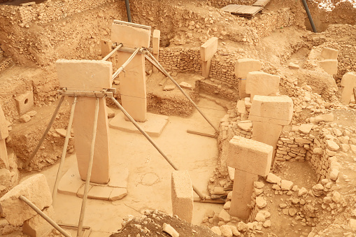 View onto Enclosure F at the neolithic archaeological site of Göbekli Tepe, Potbelly Hill, close to Sanliurfa, Turkey 2022