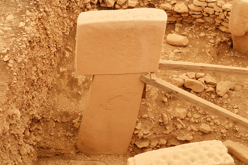 Pillar 9, one of the two central pillars in Enclosure B at the neolithic archaeological site of Göbekli Tepe, Potbelly Hill, a t-shaped pillar showing a fox, close to Sanliurfa, Turkey 2022