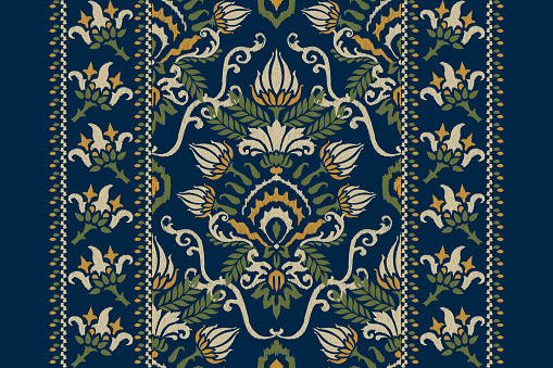 Damask Ikat floral pattern on navy blue background vector illustration.ink texture embroidery.Aztec style abstract,hand drawn,baroque.design for texture,fabric,clothing,wrapping,decoration,scarf,carpet.