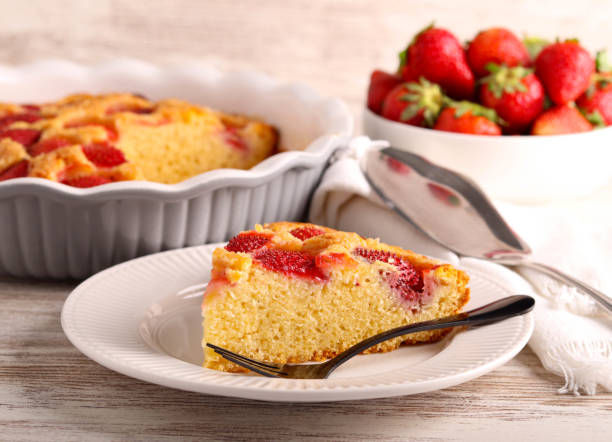 istock Slice of strawberry cornmeal cake, served 2150524416
