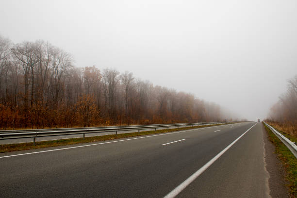 Foggy autumn deserted asphalt road. minimalism