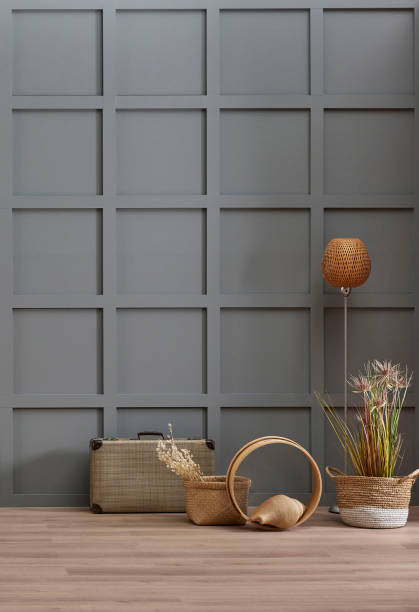 istock Grey decorative wall background and wicker chair bag accessory style with cotton flower style. 2150526737