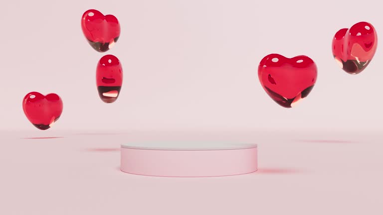Empty podium red glass hearts branding product presentation on Valentine's day Mock up scene