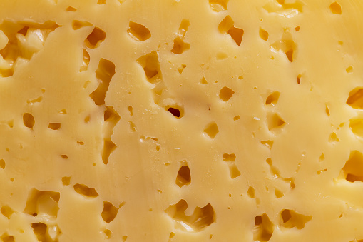yellow hard cheese with holes, natural organic cheese products close-up