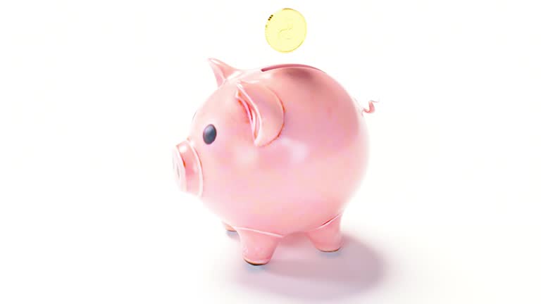 Piggy bank with gold coins falling the form of a deposit money savings