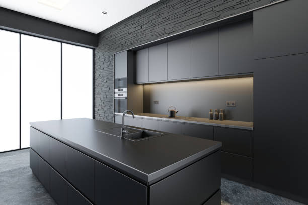istock Black Modern minimalist kitchen with long island. Dark materials. Slate rock stone wall. White background. 2150529162