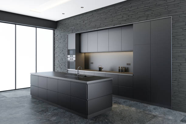 istock Black Modern minimalist kitchen with long island. Dark materials. Slate rock stone wall. White background. 2150529163