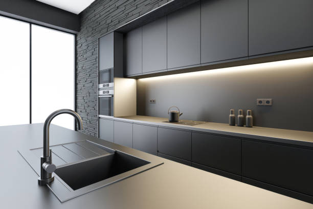 istock Black Modern minimalist kitchen with long island. Dark materials. Slate rock stone wall. White background. 2150529164