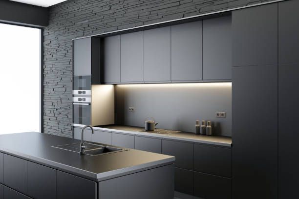 Modern and minimalist apartment interior kitchen. Kitchen with long island. Dark materials with matte details finish. Modern furniture. 3d renderings. Slate rock stone wall. White background.