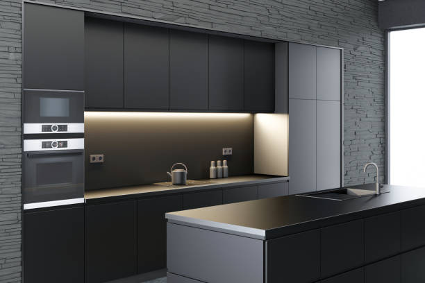 istock Black Modern minimalist kitchen with long island. Dark materials. Slate rock stone wall. White background. 2150529187
