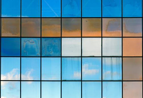 Close up view of coloured glass windows