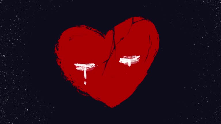 Hand-drawn style animation with broken red hearts shedding tears of hurt.