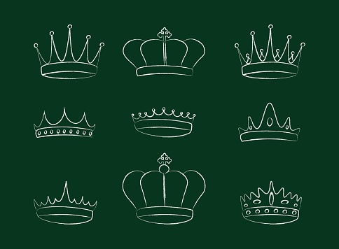 Set of chalk elegant royal crown. Royal imperial coronation symbols. Isolated icons in brush stroke texture paint style. Vector illustration