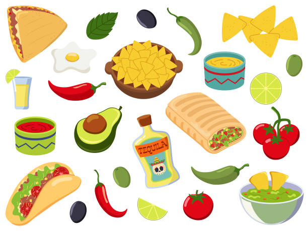 vektor trendige mexikanische lebensmittelkunst vektor handgezeichnete kritzelei karikatur set - mexikanische küche stock-grafiken, -clipart, -cartoons und -symbole