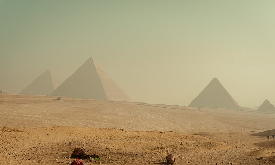 Pyramids of Giza in golden hazy morning light