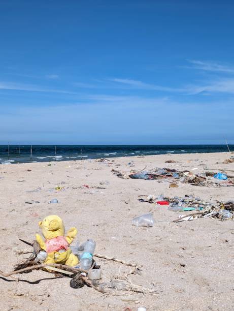 An alarming sight of plastic waste covering a once pristine ocean beach. The shoreline is cluttered with plastic debris, underscoring the pressing issue of beach pollution. This image serves as a stark reminder of the environmental challenges posed by plastic waste and the need for sustainable solutions.