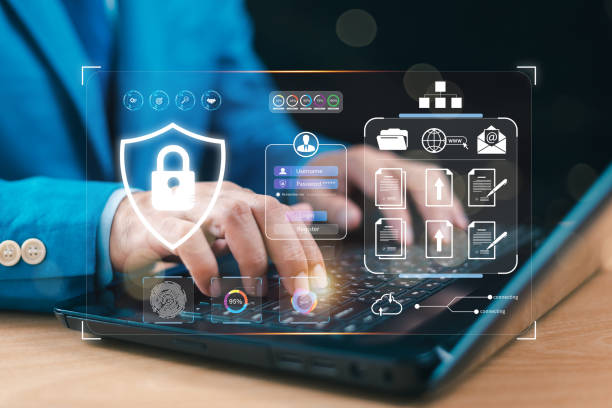 istock Cyber security privacy concept to protect data information. Lock icon and internet network secure technology. Businessman show person data info protection on smartphone, virtual screen network tech 2150532634