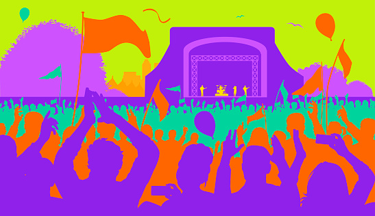 Colourful overlapping silhouette of concert audience. Concert, rock concert, pop, music, musicians, rock star, entertainment, band, rhythm, blues, guitar, sing,