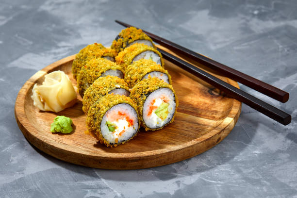 Tempura Maki Sushi Deep Fried Sushi Roll Served on wooden board