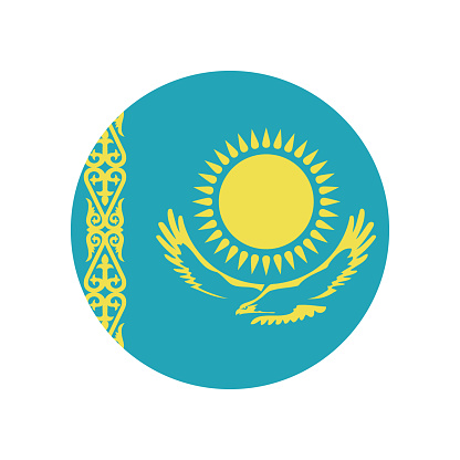 Kazakhstan flag. Kazakhstan circle flag. Kazakhstan button flag. Button flag icon. Standard color. Round button icon. The circle icon. Computer illustration. Digital illustration. Vector illustration.