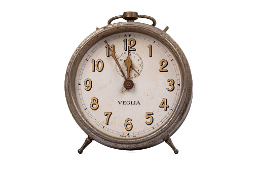 1930s Vintage Veglia Alarm Clock from Italy, Set to 5 to 12 on White Background