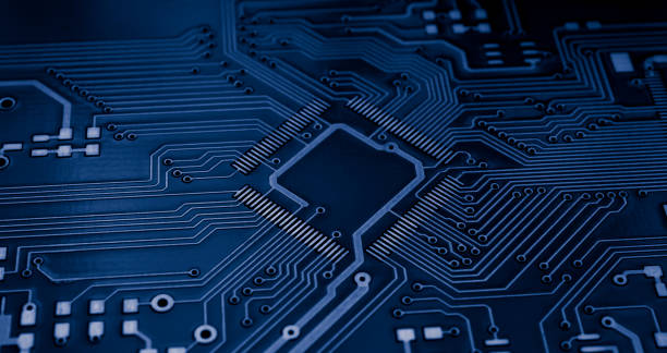 istock dark blue printed circuit. layout of tracks. 2150535425