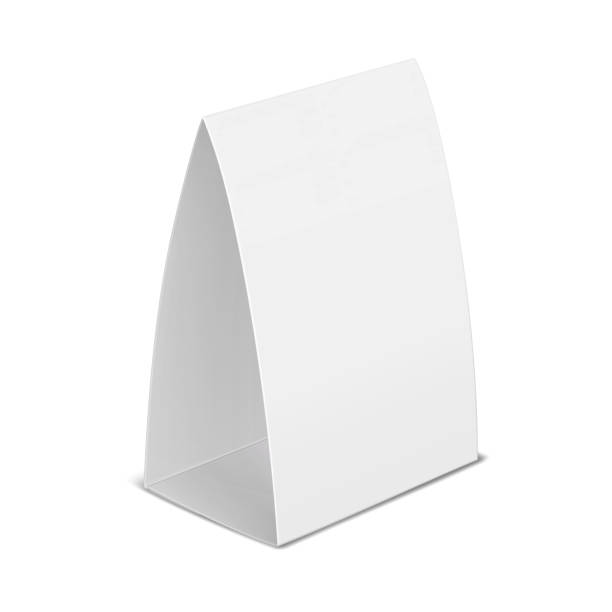 istock Table tent template. White blank paper countertop pop banner stand. Realistic mockup. Desktop promotional graphic display card vector mock-up 2150535688