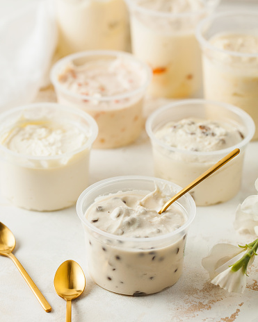 Diverse curd masses with toppings, served with elegance for a delightful taste. Dairy product.