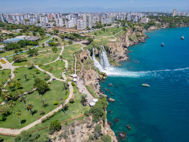 istock Aerial view of Duden waterfall dropping in Mediterranean Sea. 2150536806