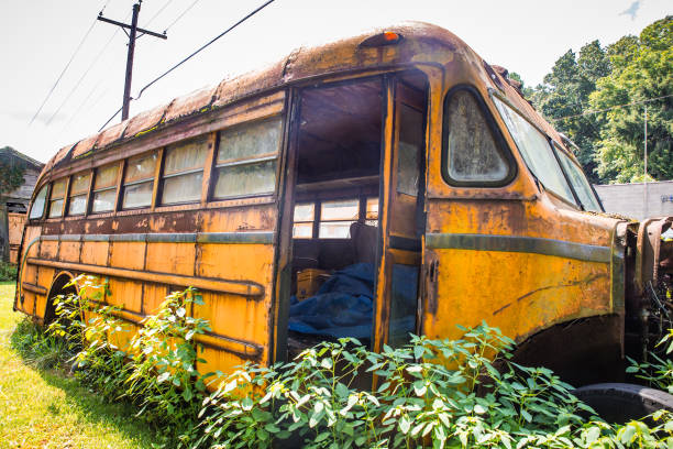 Abandoned rusty yellow school bus in overgrown outdoor setting