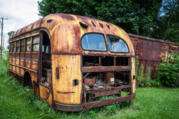 istock Abandoned rusty yellow school bus in overgrown outdoor setting 2150539698