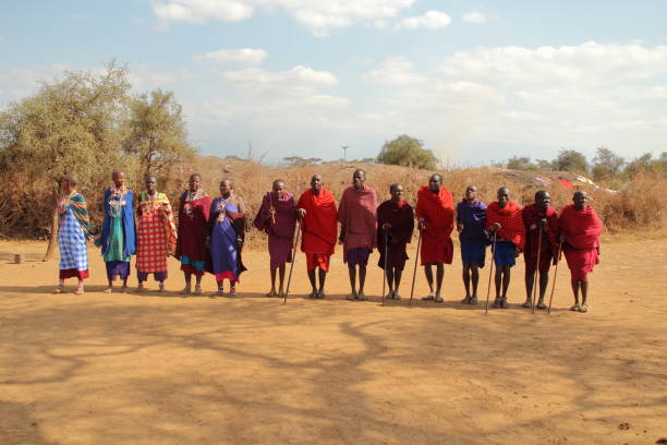 KENYA, AMBOSELI NATIONAL PARK - AUGUST 04, 2018: Maasai people are forming up for a dance