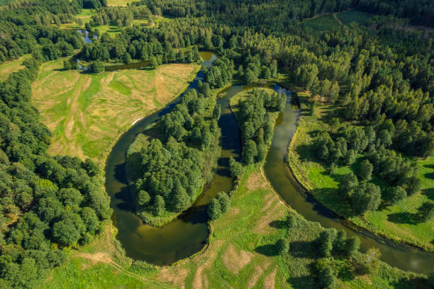 aerial view of the meandering river in a rural landscape
