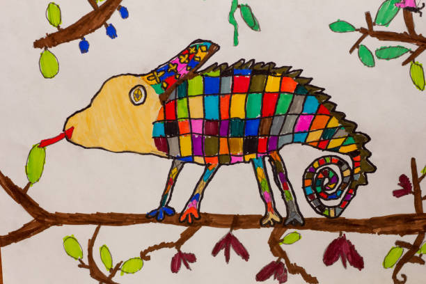 Child picture of chameleon on white background