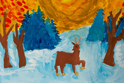 Child picture of deer in snowy forest