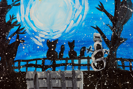 Child picture of back of cats looking at moon