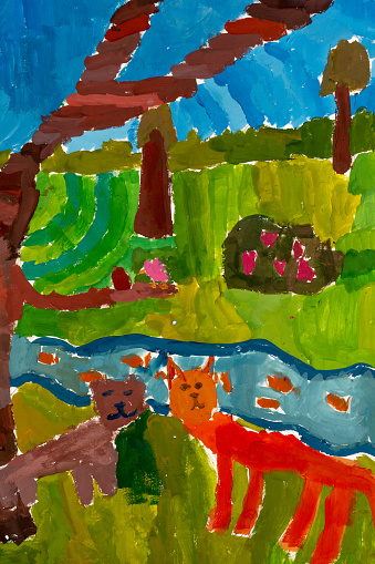 Child picture of cat and dog in forest