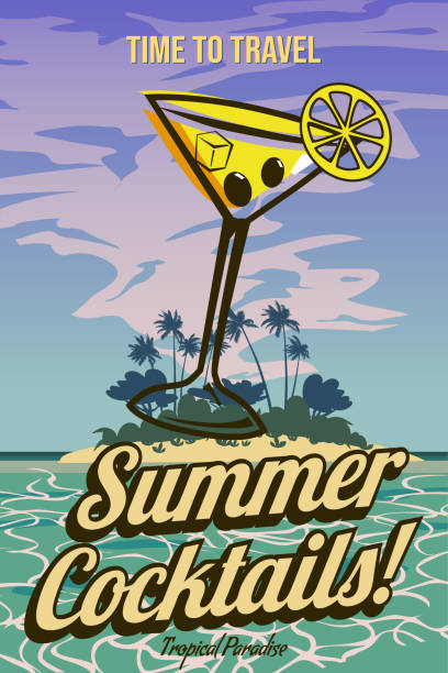 istock Summer Cocktails poster retro, classical cocktail drinks in the glass, ocean, island, coast, palms 2150542644