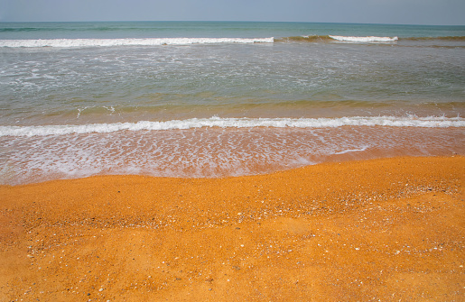 Lungi, Port Loko District, Sierra Leone: looking south along Lungi beach towards Freetown, vast extensions of coconut tree lined golden sand on the north side of the Sierra Leone river estuary