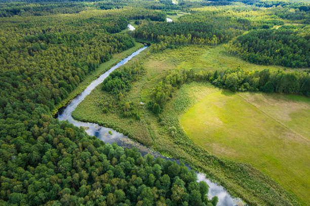 istock beautiful landscape with a small meandering river (aerial view) 2150543292