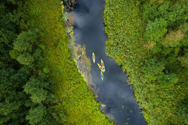 aerial view of the meandering river in a beautiful rural landscape