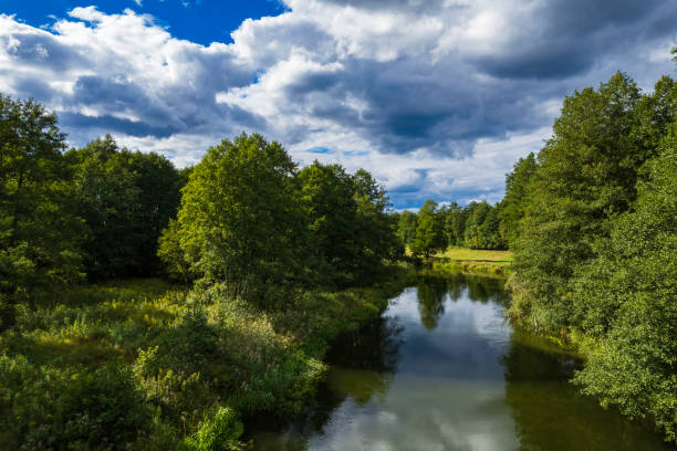 aerial view of the meandering river in a rural landscape